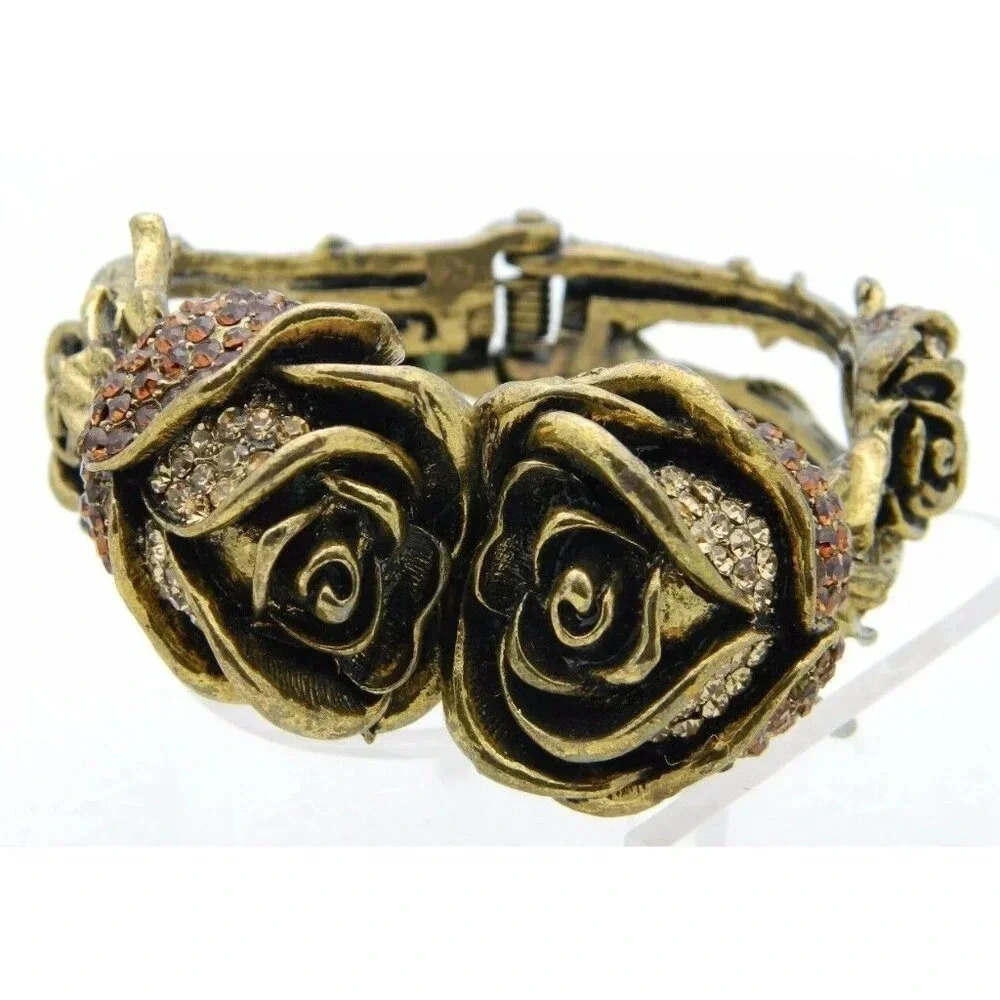 Gold Tone Large Chunky Statement Topaz Rhinestone Rose Flower Bangle Bracelet